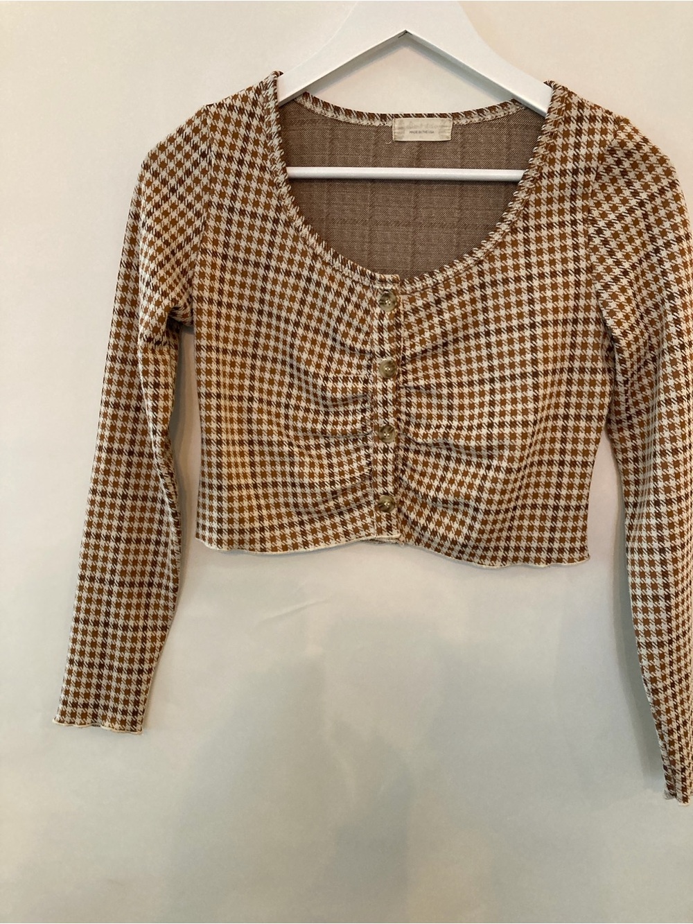 Altar’d State Houndstooth Shirred Front Knit Top — Brown/White M